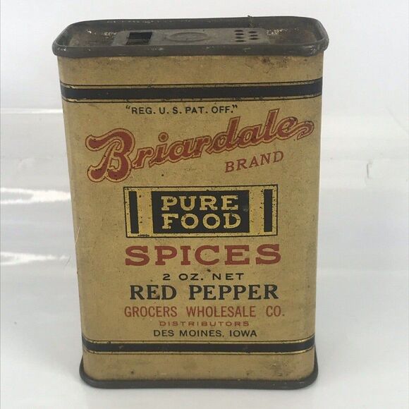 Red Pepper Briardale Pure Food Spices Tin Des Moines Iowa 2 oz Empty VTG Spice - Picture 1 of 7